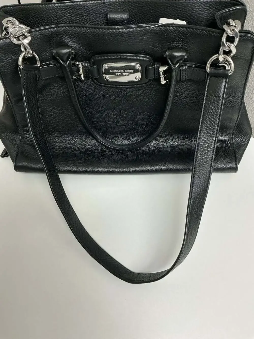 Michael Kors Black Pebbled Leather Hamilton Traveler Belted Tote Handbag